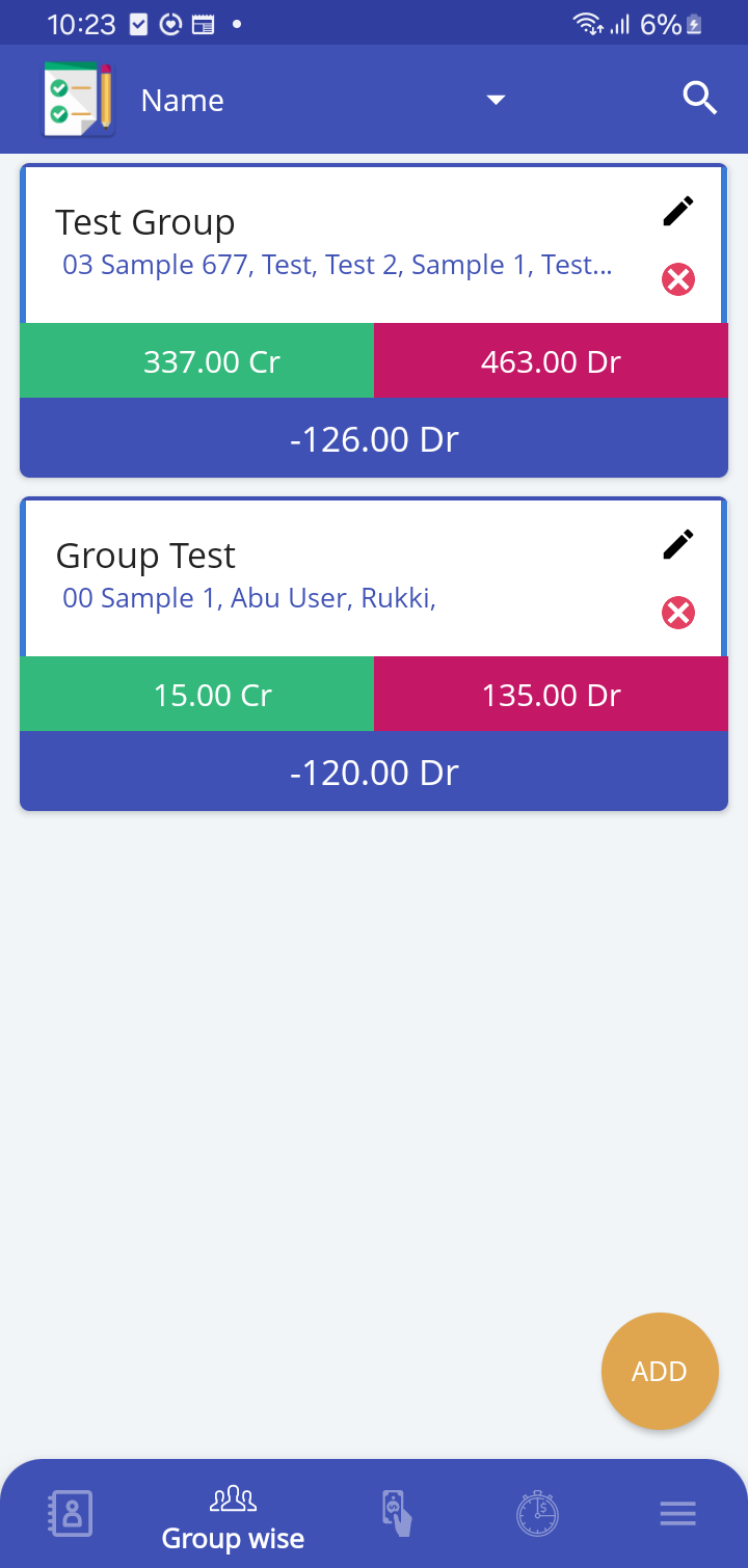 Group-wise view showing combined balances per group