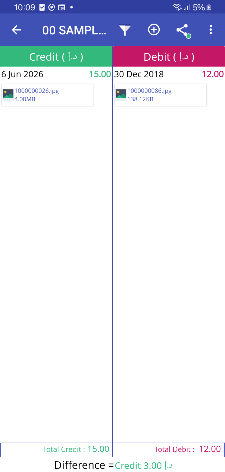 Credit and debit two-column ledger for a single contact