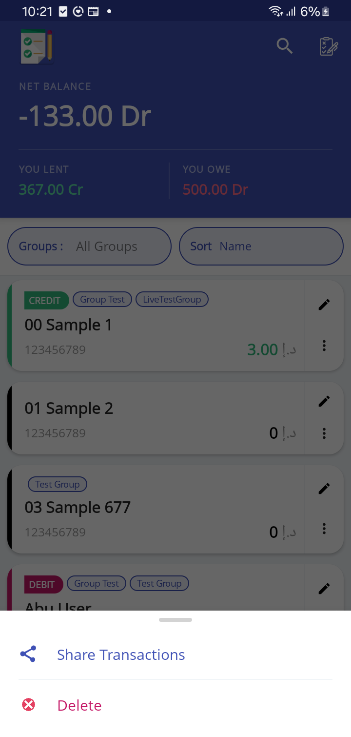 Share or delete quick actions menu on a contact row
