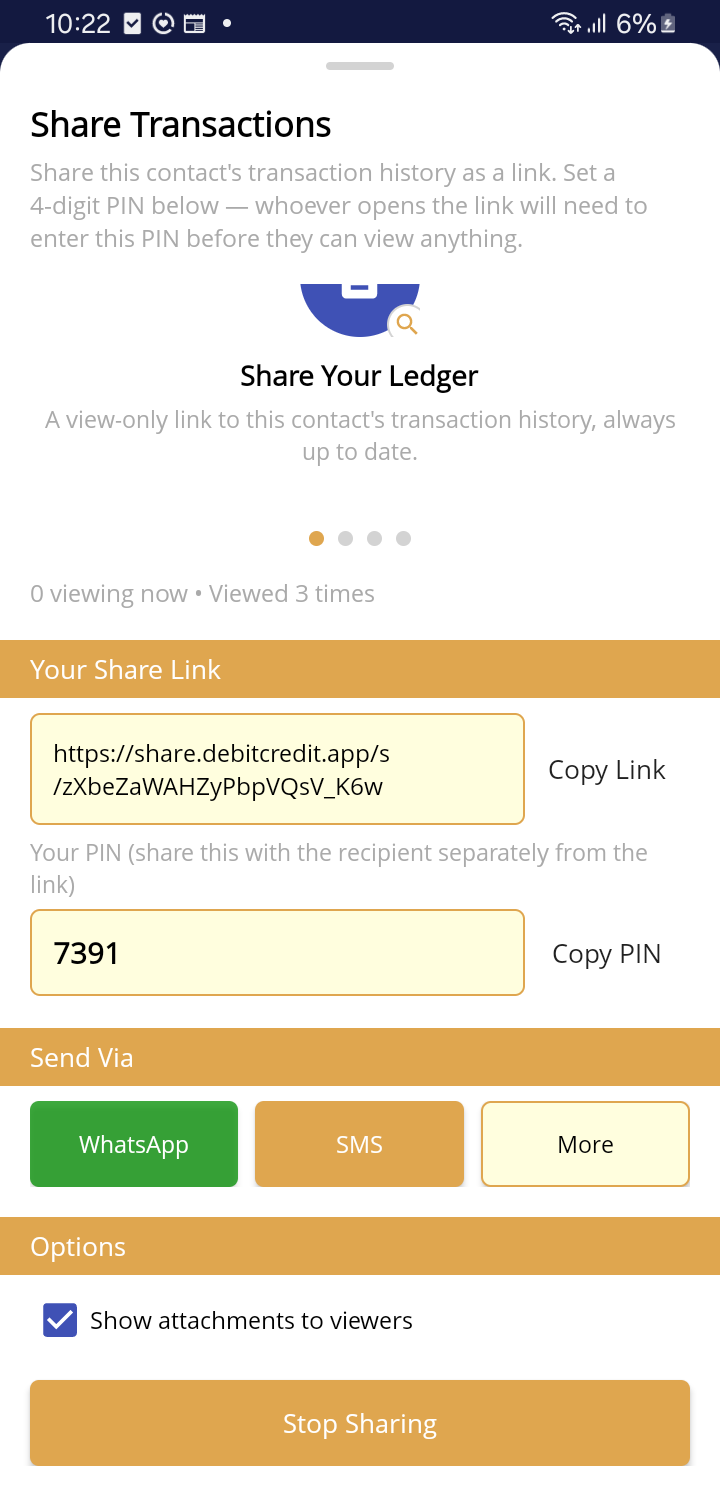 Password-protected share link screen with live view stats