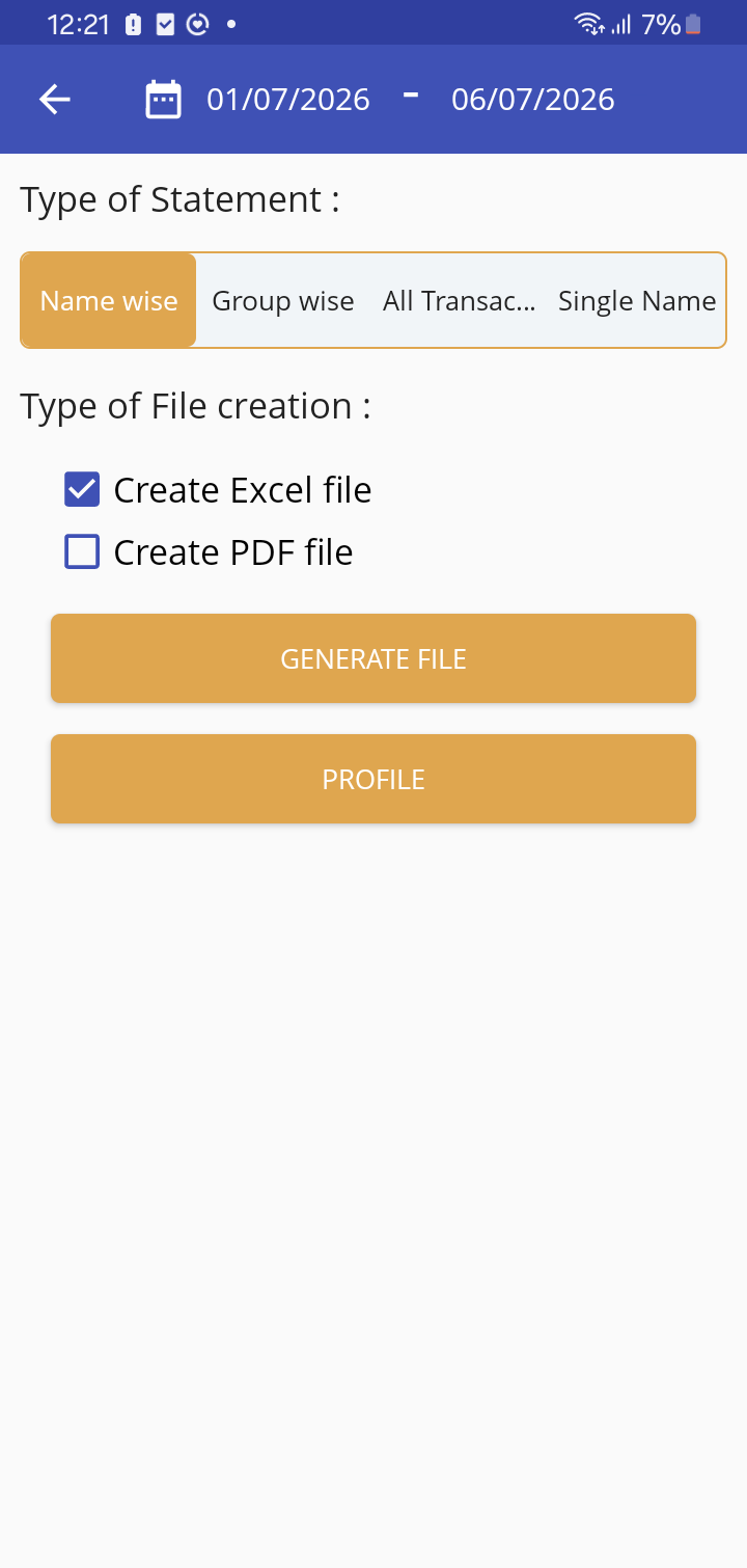 Statement export screen with Excel and PDF options