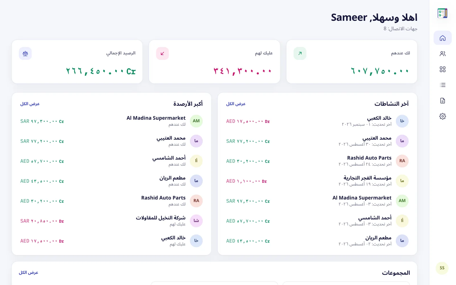 Arabic dashboard with customers in AED and SAR, recent activity and the largest balances