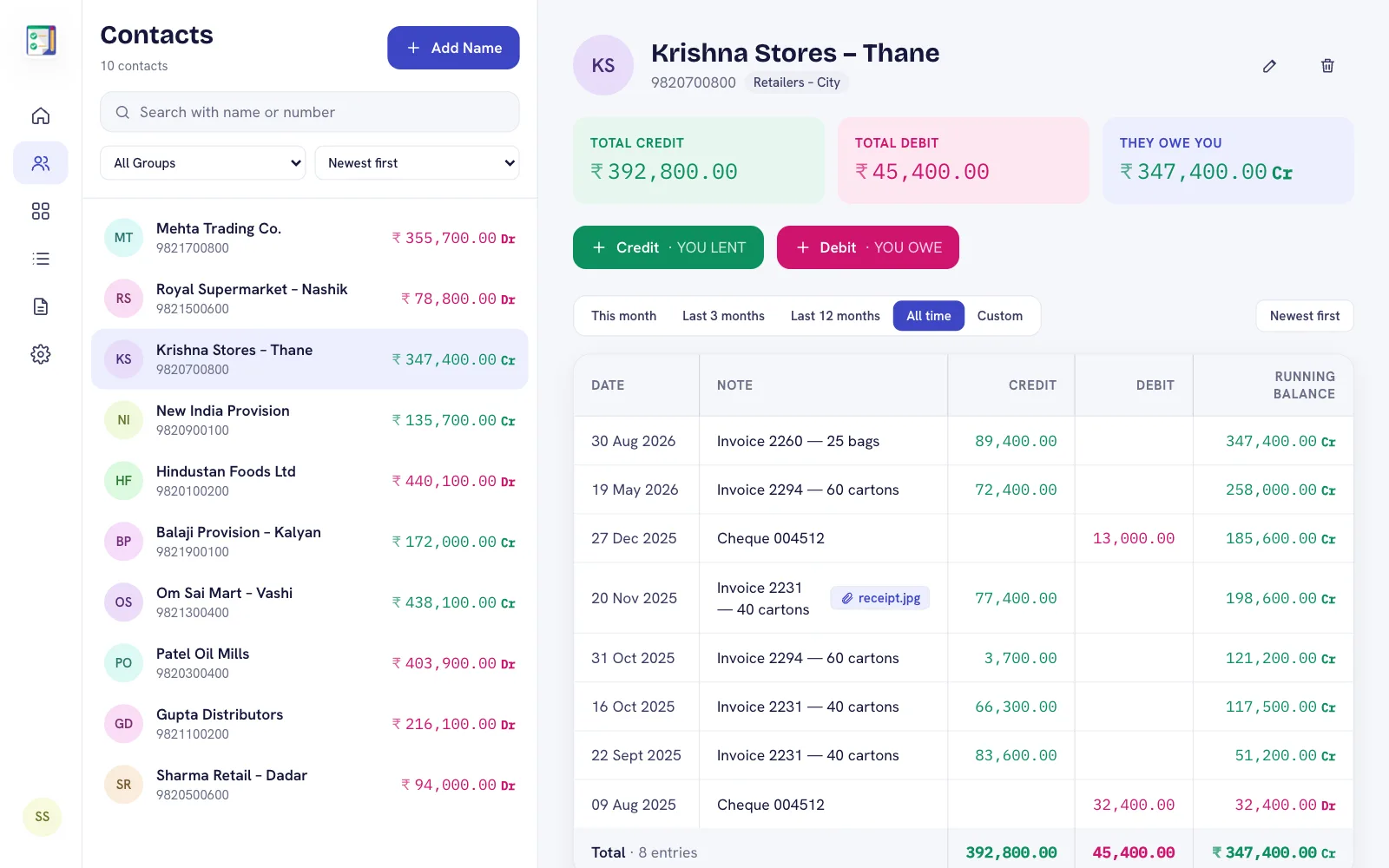 Retailer ledger with invoices, NEFT and cheque payments, returned goods and a running balance