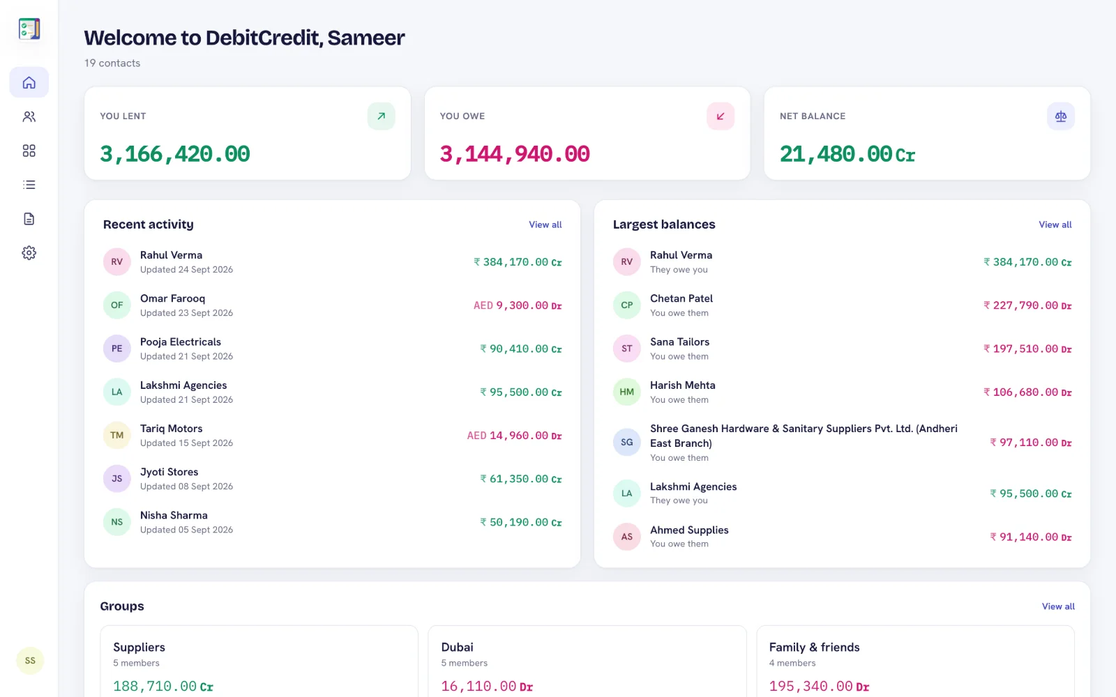 DebitCredit web app dashboard showing you lent, you owe and net balance