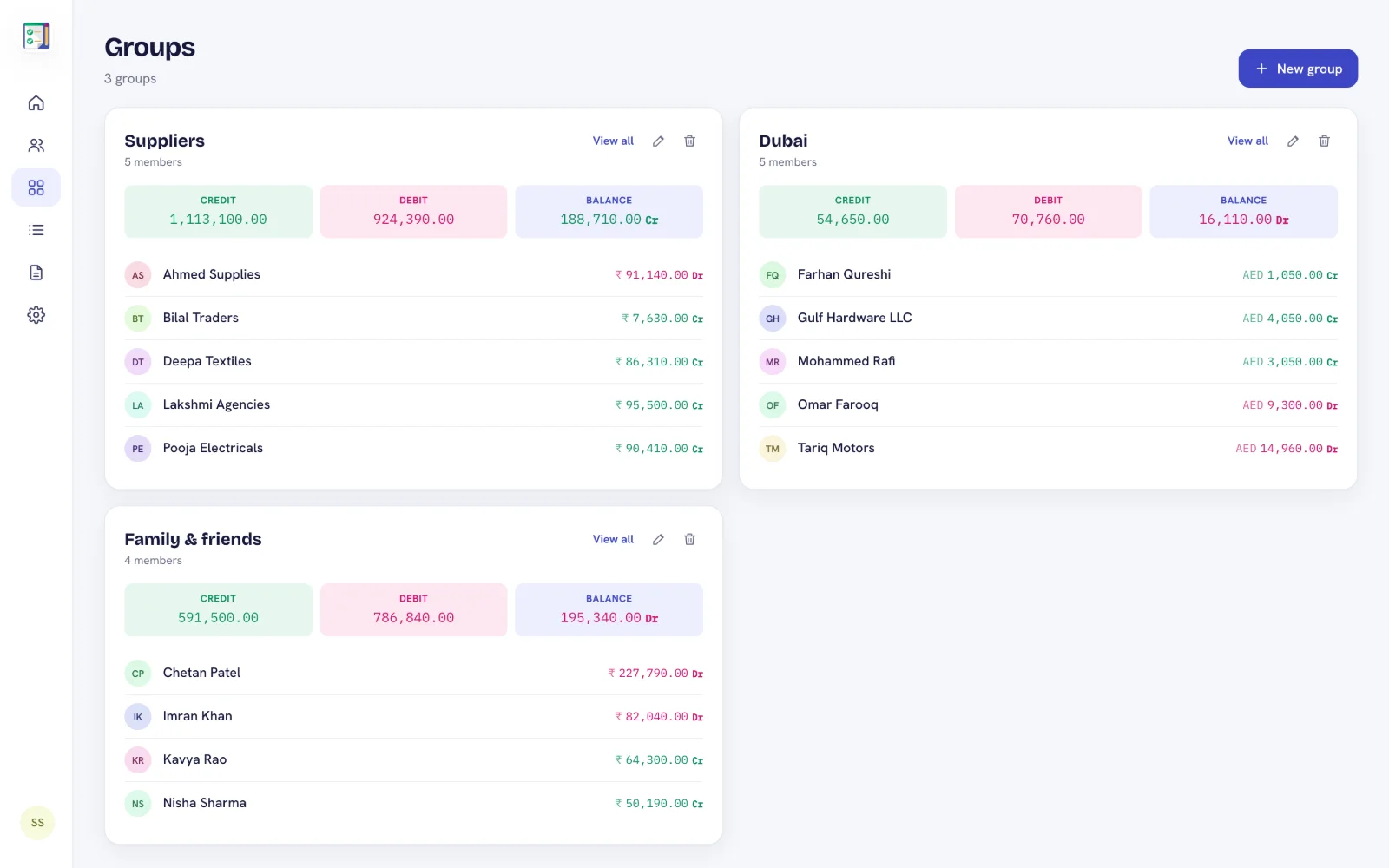 Groups: Combined balances for suppliers, branches, family — any group you create.