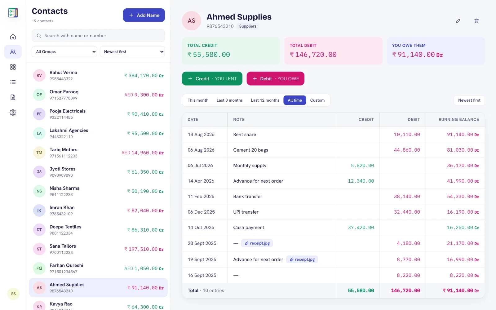 Contact ledger: Date, note, credit, debit and running balance for every entry, with attachments.