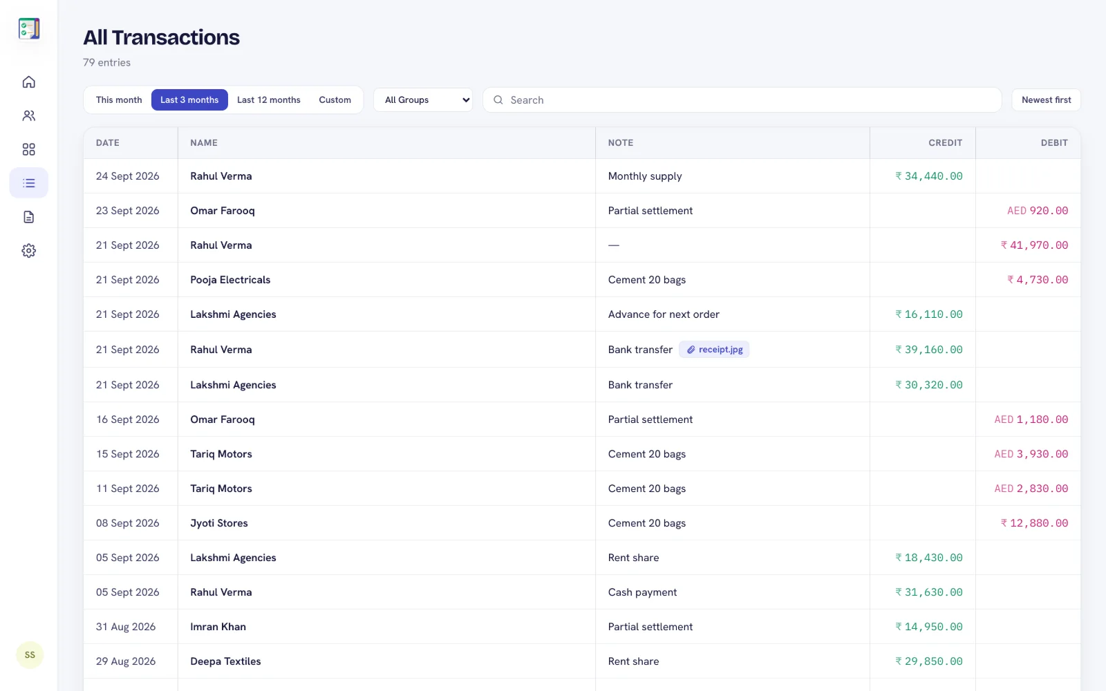 All transactions: Every entry across all contacts, searchable, for any period.
